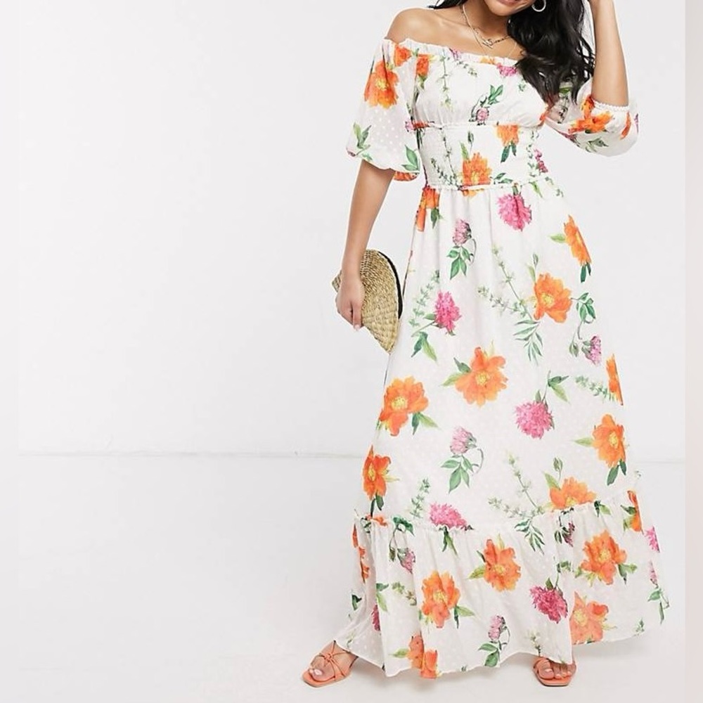 SkyLar Rose Bardot Maxi Dress, Size S, White Multi Floral